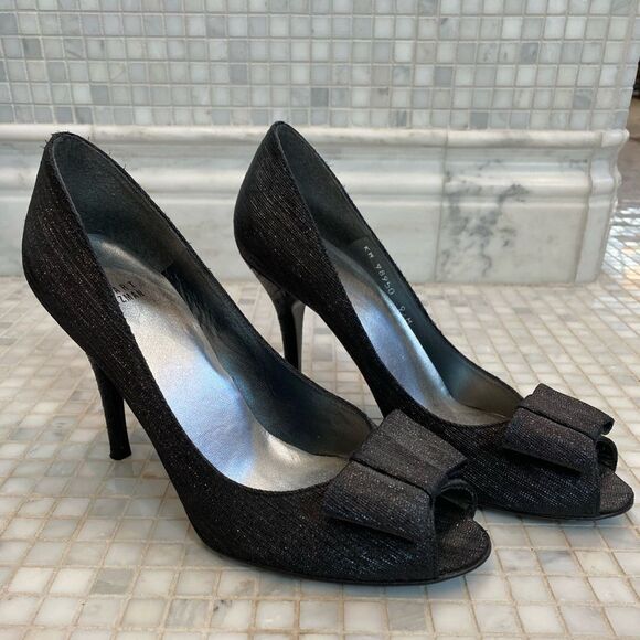 Stuart Weitzman Black Fabric Heels with Bow and Peep Toe - Picture 1 of 13